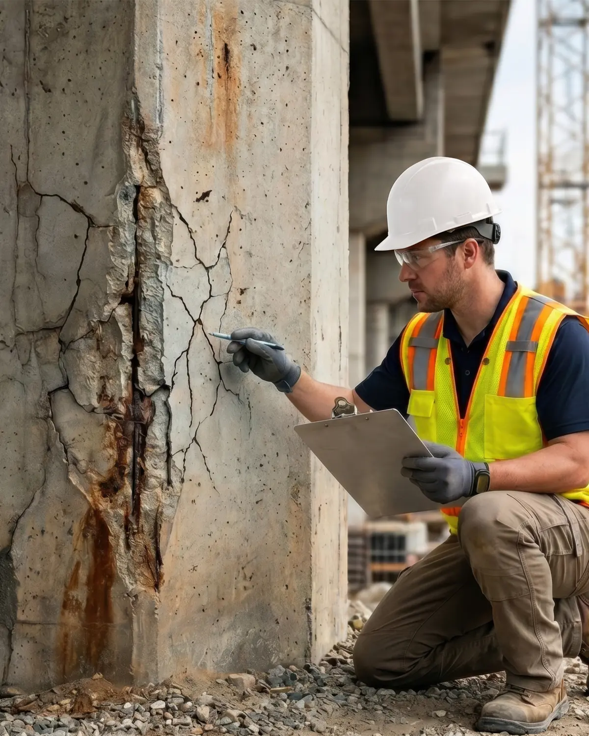 Engenheiro inspecionando fissuras e corrosão em pilar de concreto armado