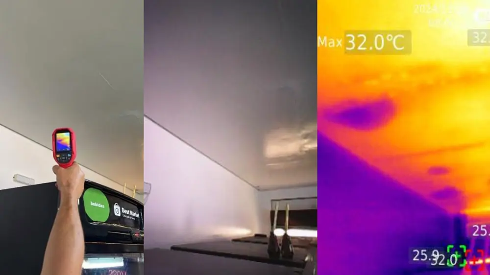 Camera termografica revelando infiltracao oculta em forro
